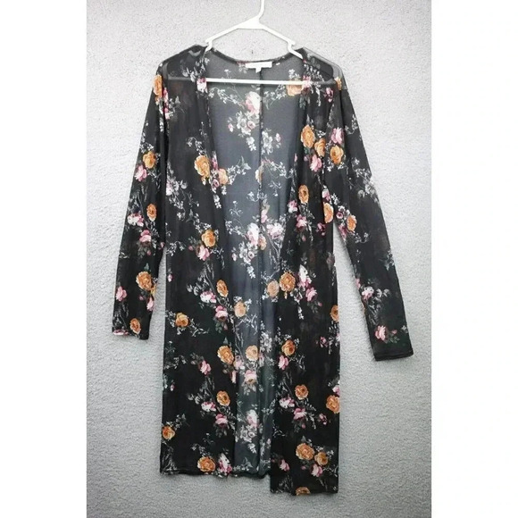 Purple Snow Mesh Cardigan-Size XL-Black w/Florals-Sheer - Picture 1 of 6